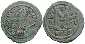 Byzantine
Justinian I (527-565 AD) Nikomedia
AE Follis or AE Nummi (40.9mm, 23.2g)
Obv: D N IVSTINIANVS P P AVG, helmeted and cuirassed bust facing, h...