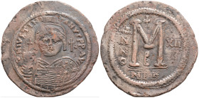 Byzantine
Justinian I (538/9 AD) Nicomedia
AE Nummus (46.2mm, 21.6g)
Obv: D N IVSTINIANVS P P AVG, helmeted, draped, and cuirassed bust facing, holdin...
