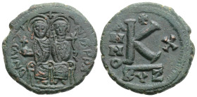 Byzantine
Justin II, with Sophia (565-578.AD) Kyzikos
AE Half Follis (22.9mm, 6.1g)
Obv: D N IVSTINVS P P AVG Justin II, holding globus cruciger in hi...