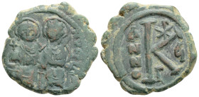 Byzantine
Justin II, with Sophia (569/70 AD) Thessalonica
AE Nummis 
Obv: D N IVSTI[NVS P P AVG], Justin on left, Sophia on right, seated facing on do...