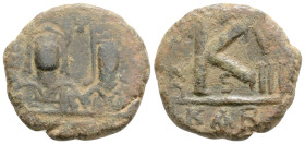 Byzantine
Justin II, with Sophia (565-578 AD) Carthage
AE Half Follis (22.1mm, 7.6g)
Obv: Facing busts of Justin II, on the left, helmeted and cuirass...