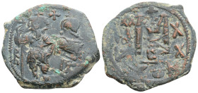 Byzantine
Heraclius and Heraclius Constantine(629/30 AD) Constantinople
AE Nummi (31.6mm, 7.6g)
Obv: Heraclius standing facing in military dress, hold...