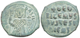Byzantine
Theophilus, (829-842 AD) Constantinopolis
AE Follis (30.2mm, 9.1g)
Obv: ΘЄΟFIL bASIL' Three-quarter length figure of Theophilus standing fac...