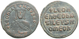 Byzantine
Leo VI the Wise (886-912 AD) Constantinople
AE Follis (27.7mm, 7.4g)
Obv: Crowned and draped bust facing, holding akakia
Rev: +LЄOҺ/ЄҺ ӨЄO Ь...