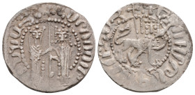 Medieval
ARMENIA, Royal. Hetoum I, (1226-1270 AD) 
AR Tram (21.1mm 2.7g)
Obv: Zabel and Hetoum standing facing, holding between them long cross with t...