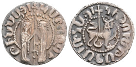 Medieval
ARMENIA, Royal. Hetoum I, (1226-1270 AD) 
AR Tram (21mm 2.7g)
Obv: Zabel and Hetoum standing facing, holding between them long cross with two...