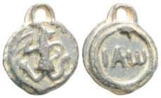 Byzantine
EGYPT. Uncertain. Circa 4rd-5th century AD
Gnostic Tessera (16.5mm 3g)
Obv: Obv:Anguipede (Iao Abraxas) right, holding whip and shield.
Rev:...