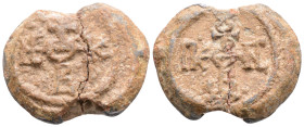 Byzantine Lead Seal ( 6th century)
Obv: Cruciform monogram
Rev: Cruciform monogram
(12.9 g, 26.3 mm diameter)