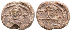 Byzantine Lead Seal ( 8th century)
Obv: Facing bust of uncertain saint.
Rev: Cruciform monogram
(13.1 g, 23.9 mm diameter)
