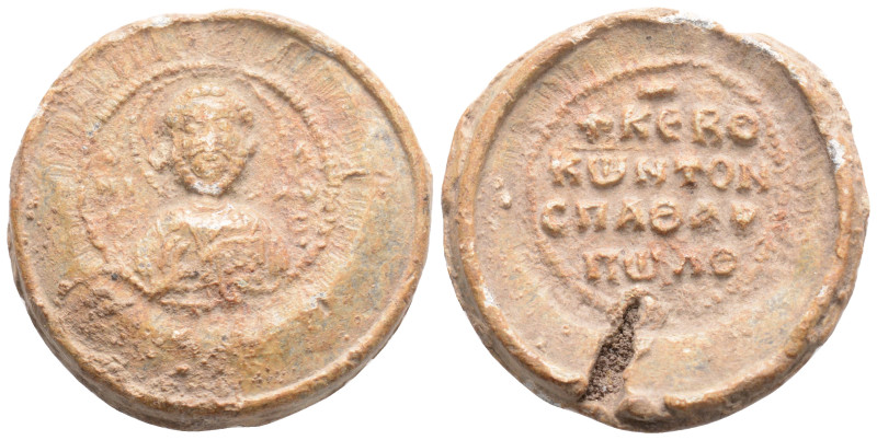 Byzantine Lead Seal ( 9th century)
Obv: Facing bust saint.
Rev: 4 (four) lines o...