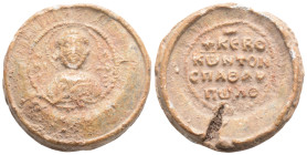Byzantine Lead Seal ( 9th century)
Obv: Facing bust saint.
Rev: 4 (four) lines of text. Pearl border.
(14.8 gr, 29.1 mm diameter)