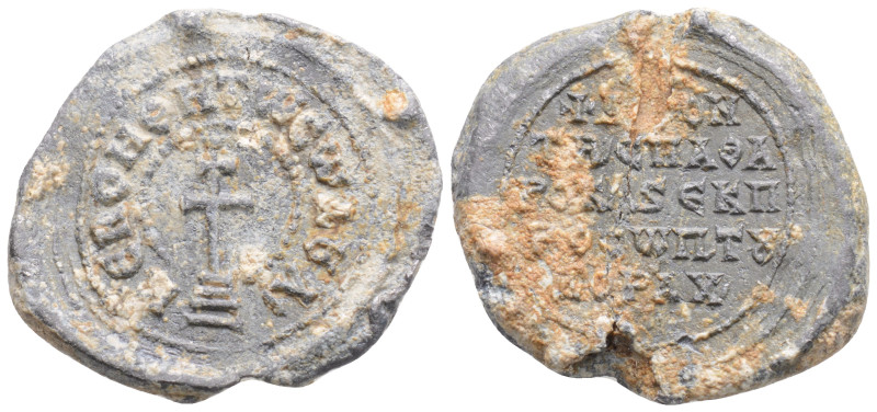 Byzantine Lead Seal ( 10th century)
Obv: Circular legend Patriarchal cross set u...