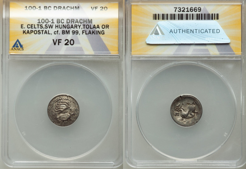 EASTERN EUROPE. Uncertain Celtic Tribe. 100-1 BC. AR drachm (15mm, 11h). ANACS V...