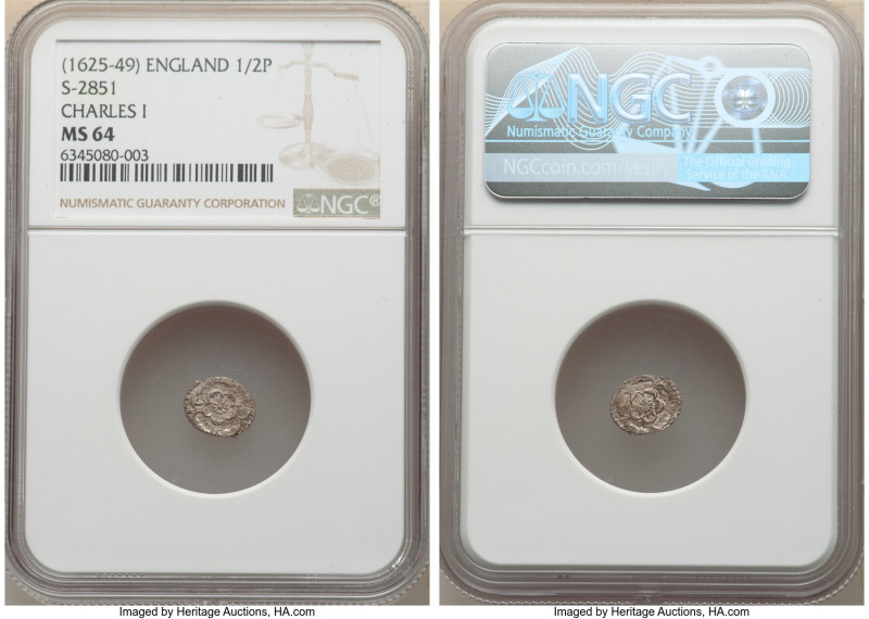 Charles I 1/2 Penny ND (1625-1649) MS64 NGC, KM-Unl, S-2851. The only certifiabl...