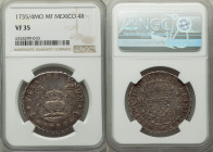 Philip V "Pillar" 4 Reales 1735/4 Mo-MF VF35 NGC, Mexico City mint, KM94. A fleeting early overdate of the scarcest denomination of the Pillar series....