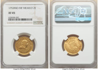 Ferdinand VI gold 2 Escudos 1753 Mo-MF XF45 NGC, Mexico City mint, KM126.2, Cal-163, Fr-10. A pleasing example from this sought-after series, boasting...