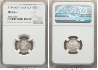 Charles III 1/2 Real 1784 Mo-FF MS65+ NGC, Mexico City mint, KM69.2. A captivating survivor currently situated as NGC's "top pop," attesting to the im...