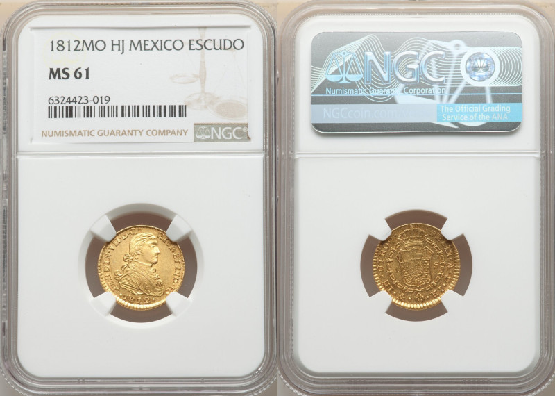 Ferdinand VII gold Escudo 1812 Mo-HJ MS61 NGC, Mexico City mint, KM121, Fr-49, C...