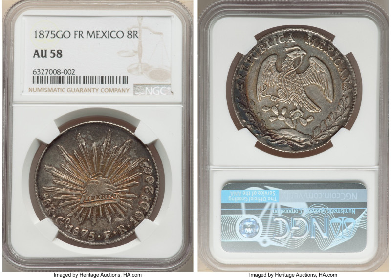 Republic 8 Reales 1875 Go-FR AU58 NGC, Guanajuato mint, KM377.8. A bewitching or...