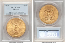 Estados Unidos gold 50 Pesos 1921 MS63 PCGS, Mexico City mint, KM481, Fr-172. The first year of this highly popular series, presenting Choice Mint Sta...