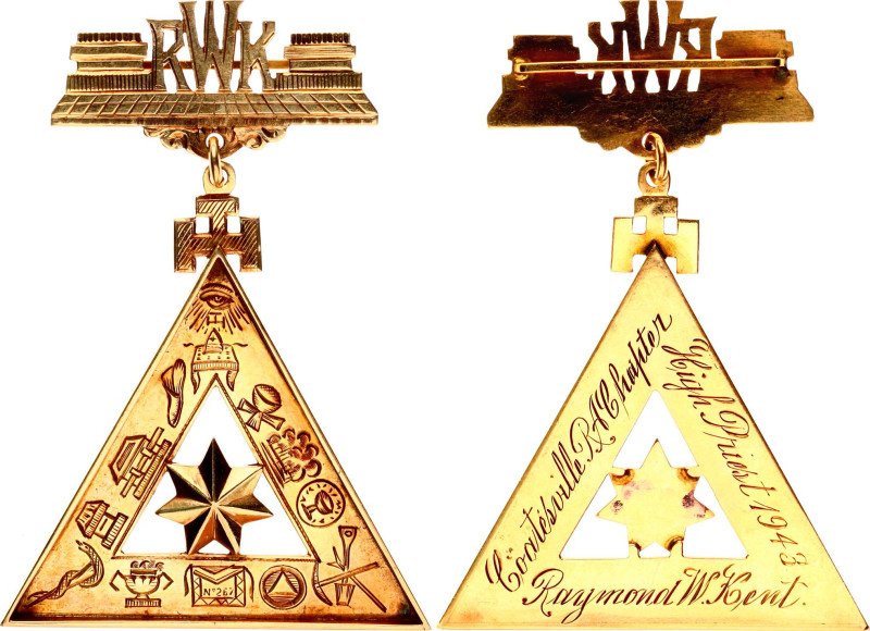 Marcis# 1.2.B.9.; Gold; 63x44 mm.; 11.17g.; Presented to R.W. Kent; Lodge member...