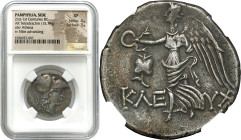 Collection of Ancient coins
Greece, Pamphilia Syde. Tetradrachma 2nd century BC, Kleuch NGC XF 

Aw.: Głowa Ateny w hełmie, w prawoRw.: Nike w lewo...