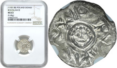 COLLECTION Medieval coins
Bolesław III Krzywousty (1107-1138). Denar śląski, Wrocław NGC MS63 - RARITY R8 

Aw.: Głowa na wprost w obwódce. W otoku...