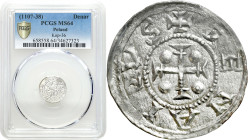 COLLECTION Medieval coins
Bolesław III Krzywousty. Denar (1102-1138) Książe na tronie - DENARIVS PCGS MS64 (MAX) - BEAUTIFUL 

Aw.: Książę siedzący...