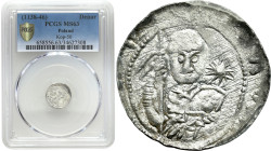 COLLECTION Medieval coins
Władysław II Wygnaniec (1138-1146). Denar - Książę z proporcemPCGS MS63 (MAX) – EXCELLENT 

Aw: Popiersie księcia na wpro...