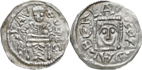 COLLECTION Medieval coins
Bolesław IV Kędzierzawy (1146-1173). Denar 1146-1157 - BEAUTIFUL 

Aw.: Książę z mieczem trzymanym poziomo siedzący na tr...