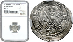 COLLECTION Medieval coins
Bolesław IV Kędzierzawy (1146-1173) Denar NGC MS63 - BEAUTIFUL 

Aw.: Popiersie księcia na wprost trzymającego miecz, po ...