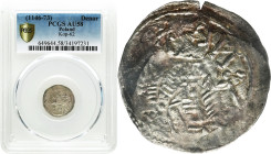 COLLECTION Medieval coins
Bolesław IV Kędzierzawy (1146-1173). Denar - Książę / Orzeł, PCGS AU58 (MAX) - RARITY 

Aw.: Książę na tronie z uniesiony...