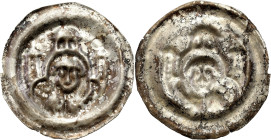 COLLECTION Medieval coins
Leszek Biały (1202-1227). Brakteat - św. Szczepan – RARE 

Aw.: Popiersie św. Szczepana z atrybutami męczennika - palma z...