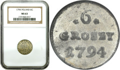 Stanislaus Augustus Poniatowski 
Stanisław August Poniatowski. 6 Grosz (Groschen) 1794, Warszawa NGC MS63 

Aw.: Pod koroną owalna trzypolowa tarcz...