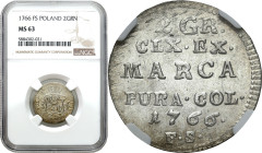 Stanislaus Augustus Poniatowski 
Stanisław August Poniatowski. 2 Grosze (Groschen) (półzlotek) 1766 FS, Warszawa NGC MS63 

Aw.: Pięciopolowa tarcz...