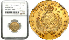 Duchy of Warsaw
Księstwo Warszawskie. Ducat (Dukaten) 1812 IB, Warszawa NGC UNC 

Aw.: Głowa księcia w prawo, z przewiązanymi wstążką włosami.W oto...