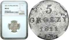 Duchy of Warsaw
Księstwo Warszawskie. 5 Grosz (Groschen) 1811 IS, Warszawa NGC MS62 

Aw.: Ukoronowana dwupolowa tarcza z Orłem Polskim i herbem Sa...