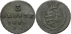 Duchy of Warsaw
Księstwo Warszawskie. 3 Grosze (Groschen) (trojak) 1811 IB, Warszawa 

Moneta trudna do zdobycia w ładnym stanie zachowania. Płytki...