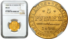 Collection of russian coins
Rosja. Nicholas l. 5 Rubel (Rouble) 1840 СПБ АЧ, Petersburg NGC MS63 - BEAUTIFUL 

Aw.: Dwugłowy orzeł rosyjski, u dołu...