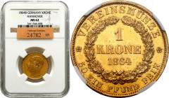 World coins 
Germany. George V (1851-1866). 1krone 1864 B, HannoverNGC MS62 (2 MAX) 

Aw.: Głowa władcy w lewo, w otoku: GEORG V v. G. G. KOENIG v....