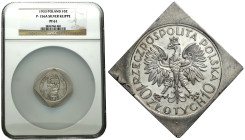 Probe coins of the Second Polish Republic
PRÓBA srebro - KLIPA

KLIPE PROBE / PATTERN silver 10 zlotys 1933, Romuald Traugutt, mirror stamp NGC PF6...