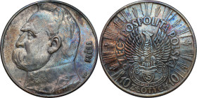 Probe coins of the Second Polish Republic
PROBE / PATTERN bronze 10 zlotys 1934 Pilsudski - shooting eagle 

Aw.: Po środku orzeł strzelecki [legio...