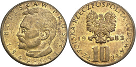PROBE coins Poland after 1945
PRL. PROBE / PATTERN brass 10 zlotych 1983 Bolesław Prus - RARITY 

Niezmiernie rzadka próba technologiczna 10 złotyc...