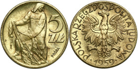PROBE coins of the Polish Peoples Republic - brass
PRL. PROBE / PATTERN brass 5 zlotych 1959 Rybak - ONLY 100 pieces 

Na awersie wypukły napis PRÓ...