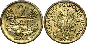 PROBE coins of the Polish Peoples Republic - brass
PRL. PROBE / PATTERN brass 2 zlote 1958 Jagody - ONLY 100 pieces 

Na awersie wypukły napis PRÓB...