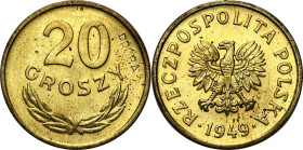 PROBE coins of the Polish Peoples Republic - brass
PRL. PROBE / PATTERN brass 20 Grosz (Groschen) 1949 - ONLY 100 pieces 

Bardzo rzadka próbna mon...