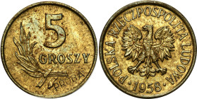 PROBE coins of the Polish Peoples Republic - brass
PRL. PROBE / PATTERN brass 5 Grosz (Groschen) 1958 - ONLY 100 pieces 

Na rewersie wklęsły napis...