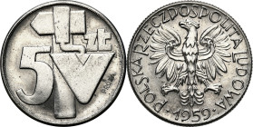 PROBE coins from the Polish Peoples Republic - Nickel
PRL. PROBE / PATTERN Nickel 5 zlotych 1959 Młot i Kielnia 

Poszukiwana próba niklowa.Piękny ...