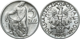 Collector coins of the Polish People Republic
PRL. 5 zlotych 1958 Rybak, aluminium (wąska cyfra 8) 

Wariant z wąską ósemką. Pięknie zachowana mone...