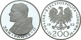Collector coins of the Polish People Republic
PRL. 200 zlotych 1982 John Paul II PROOF - RARE 

Duża moneta papieska wybita stemplem lustrzanym, w ...